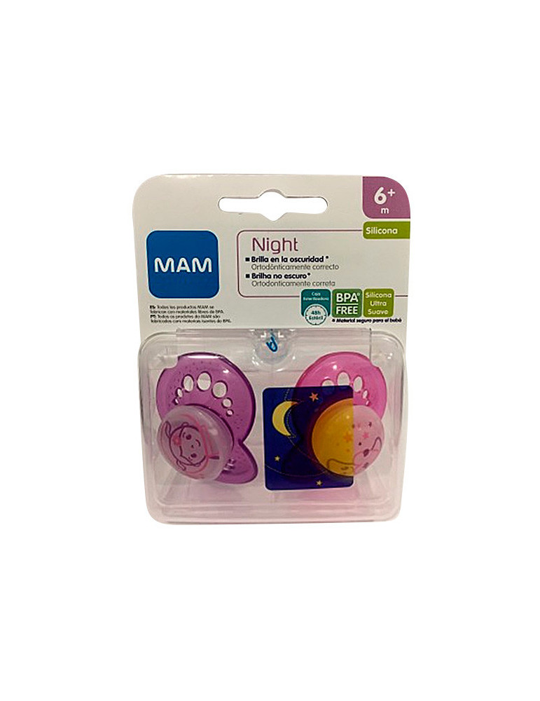 CHUPETE SILICONA MAM ORIGINAL NIGHT + 6 M PACK DOBLE ROSA