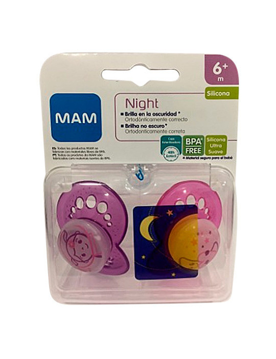 CHUPETE SILICONA MAM ORIGINAL NIGHT + 6 M PACK DOBLE ROSA