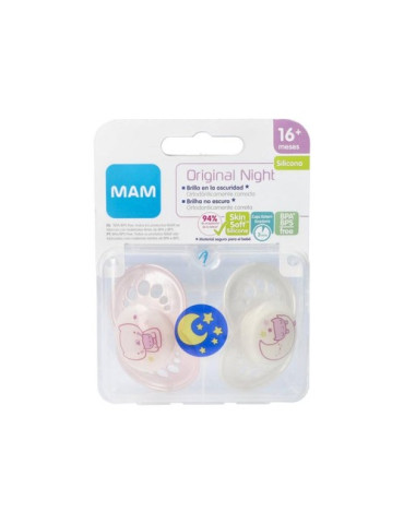 CHUPETE SILICONA MAM NIGHT + 16 M PACK DOBLE ROSA