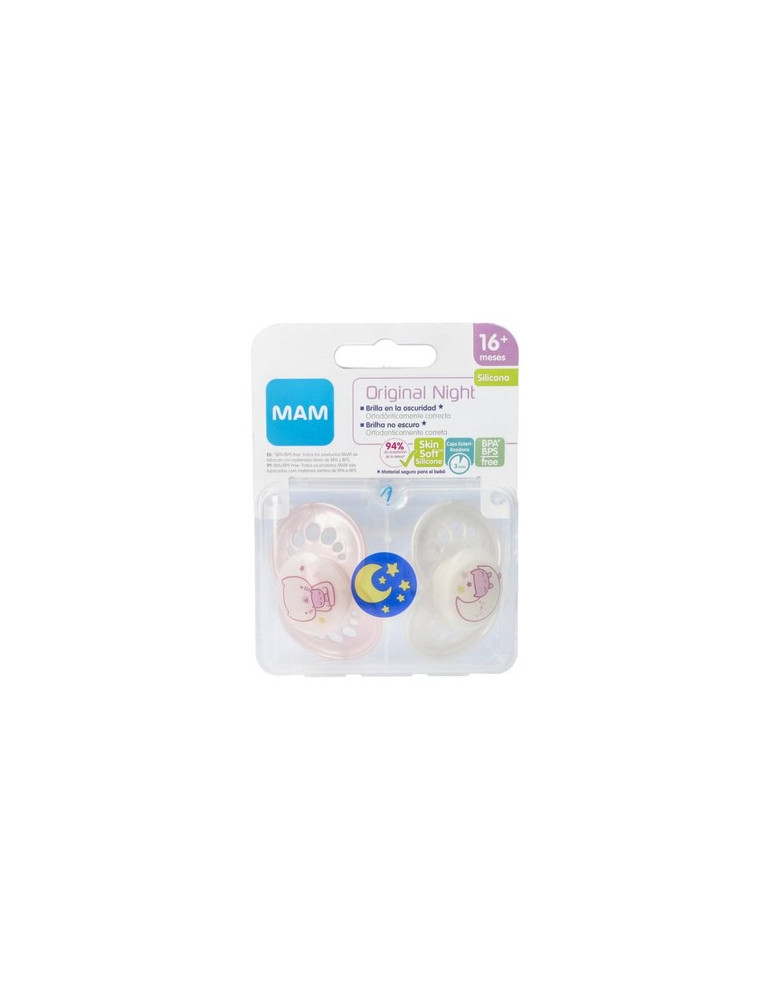 CHUPETE SILICONA MAM NIGHT + 16 M PACK DOBLE ROSA