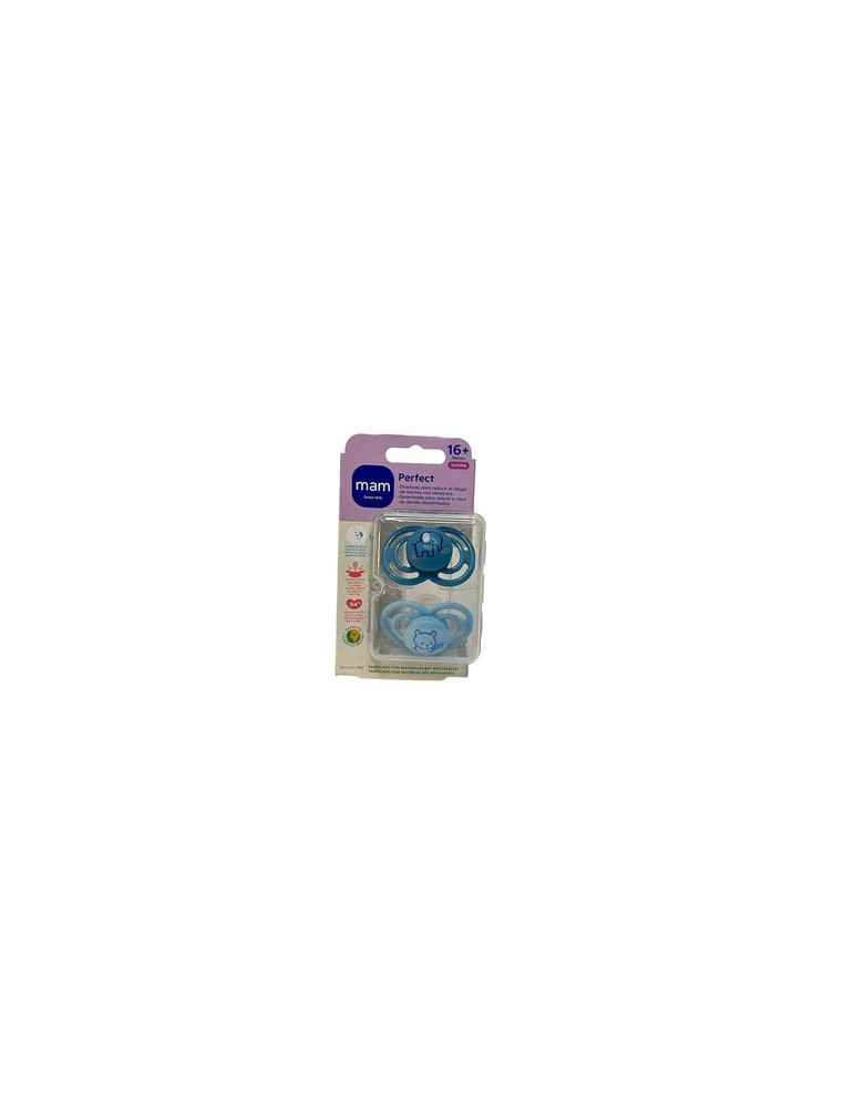 CHUPETE SILICONA SIMETRICA MAM PERFECT 16+ AZUL PACK DOBLE
