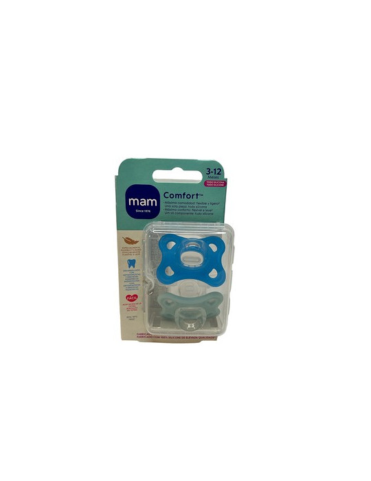 CHUPETE SILICONA MAM COMFORT 3-12 MESES 2 UNIDADES COLOR AZUL PACK DOBLE