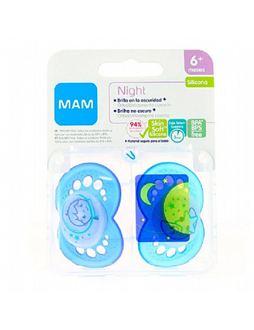 CHUPETE SILICONA MAM ORIGINAL NIGHT + 6 M PACK DOBLE AZUL