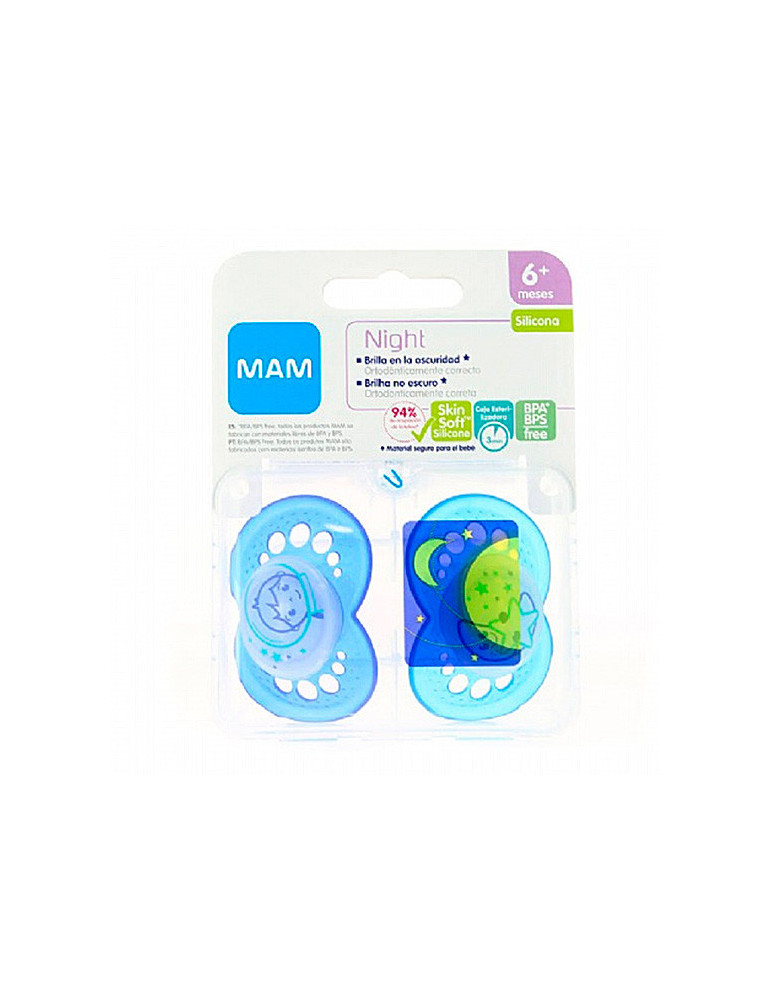 CHUPETE SILICONA MAM ORIGINAL NIGHT + 6 M PACK DOBLE AZUL